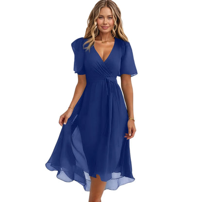 Women Summer Thin Dress Daily Casual Fashion Wrinkles V-Neck Waist Cinching A-Line Zipper Dress Lightweight Comfy Vacation Dress