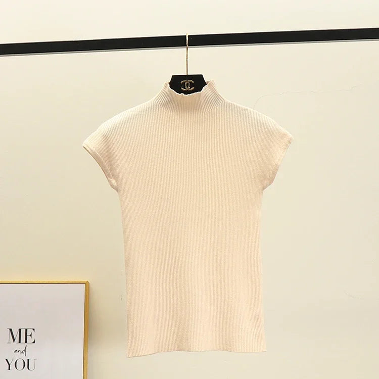 Sleeveless Mock Neck Knit Top for Women Stretchy Rib-knit Pullovers Sweater Layered Tops Female Spring Summer Basic Outfit