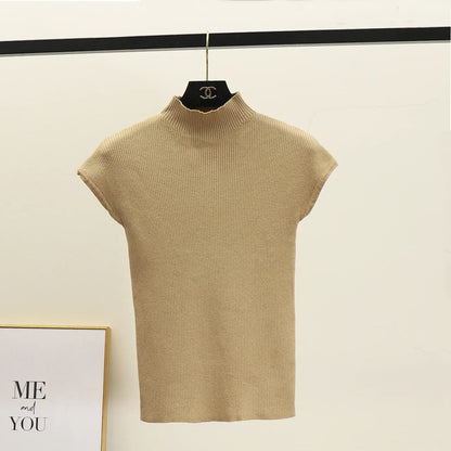 Sleeveless Mock Neck Knit Top for Women Stretchy Rib-knit Pullovers Sweater Layered Tops Female Spring Summer Basic Outfit