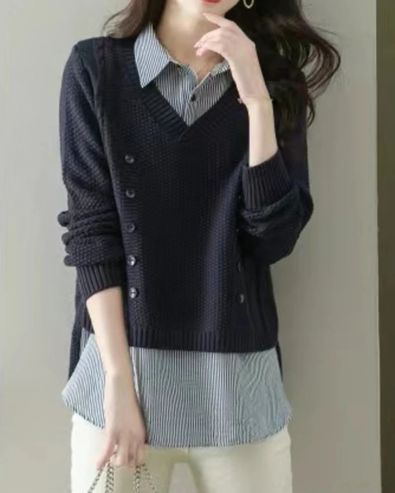 New Fake Two Piece Top Knit Sweater Women's Splice Shirt Collar Spring Autumn  Korean Loose Long Sleeve Sweater Female Pullover