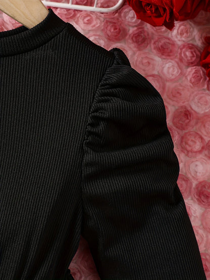 Girls' Autumn and Winter Casual Fashion Knitted Round Neck Ribbed Horn Sleeve Plaid Dress Campus Dress