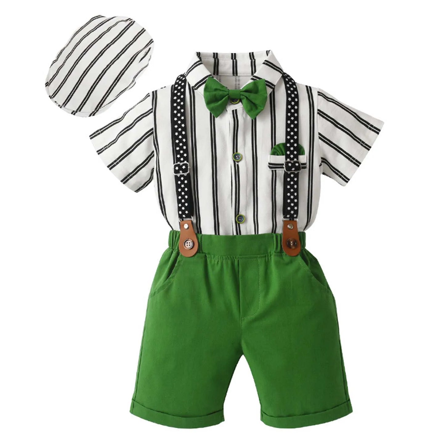 Baby Boys Summer Short Sleeve Lapel Bow Tie Romper with Suspender Shorts Beret Christening Birthday Wedding Party Gentlemen Suit