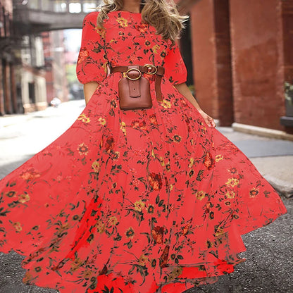 Summer Bohemian Floral Long Dress For Women Casual Holiday Beach Zipper Round Collar Pocket Slim-fitting Swing Robe Vestidos