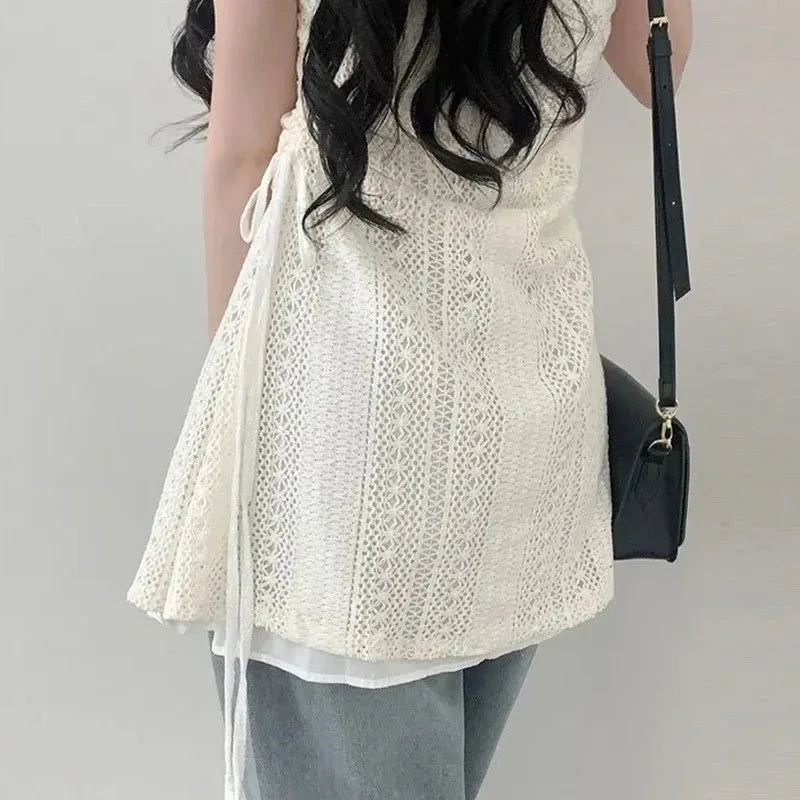 Summer Dress Women Chic French Lace Stitching Sling Shirt Stacked Gauze Knitted Dress Overskirt Inner Wear Base Short Dress