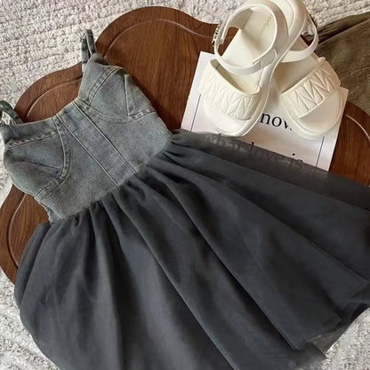 Girls Summer Dress 2025 New Summer Strap Dress Children Princess Denim Fashion Yarn Patchwork Dress
