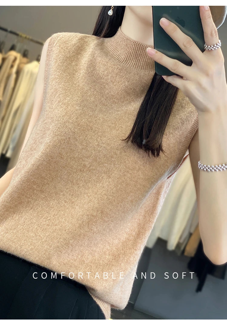2024 Cashmere Vest Women's 100% Merino Wool Pullover Indoor Sleeveless Sweater Half-turtleneck Office Tops Waistcoat