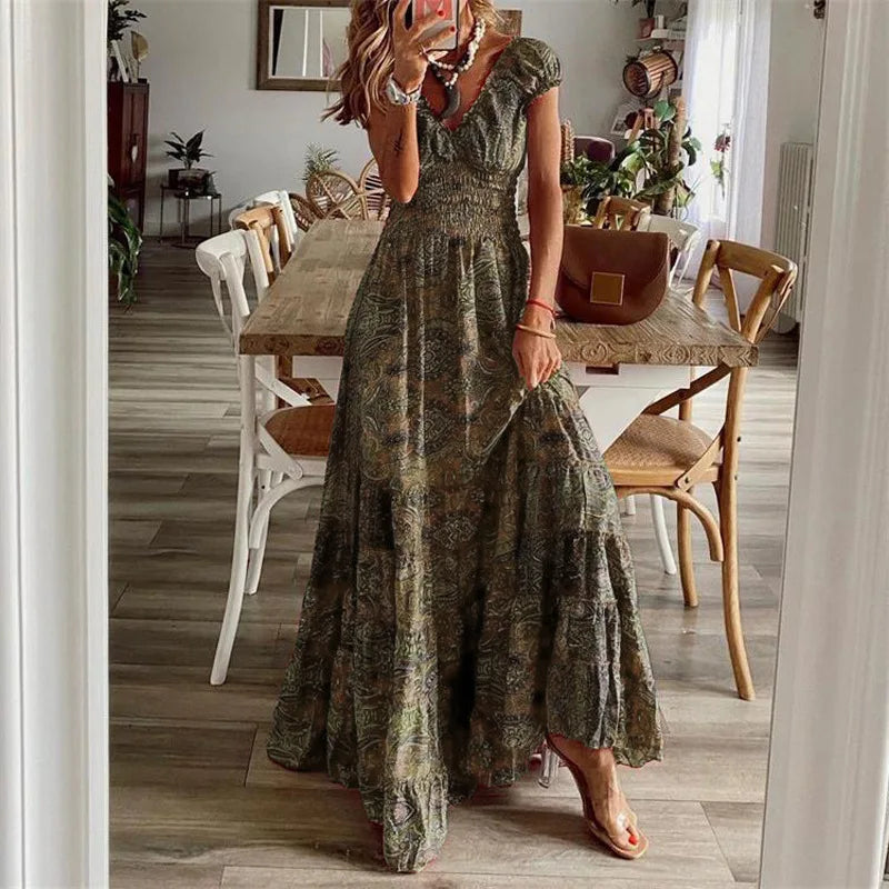 Women's Summer New Ethnic Style Printed Dress  Short-sleeved Waist Dress Fashionable Floral Petal Sleeves Large Hem A-line Dress