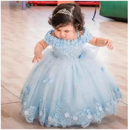 Baby Girls Dresses Off Shoulder Pearls Lace Butterflies Flower Princess Dress Infant First Birthday Party Gown  Communion Gift