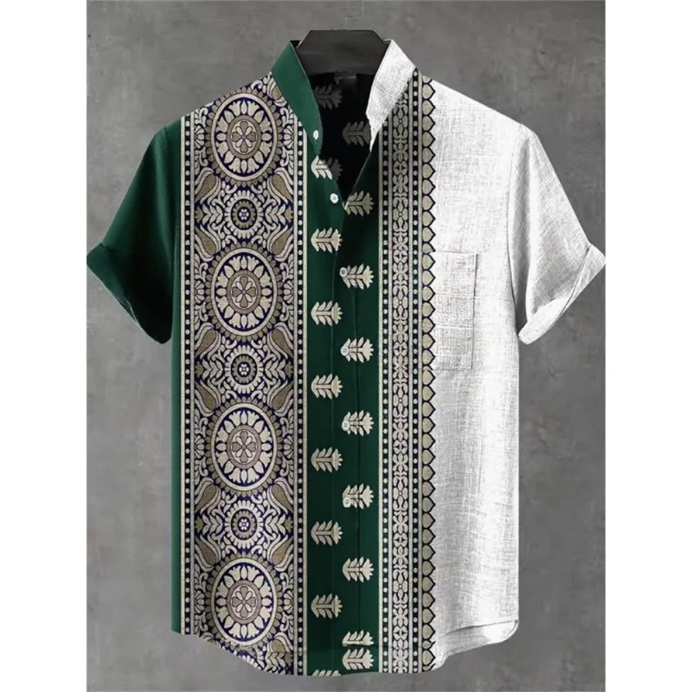 Men's summer shirt, fashionable stand up collar short sleeved cardigan, ethnic tribal printed pocket, linen breathable men's top