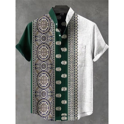 Men's summer shirt, fashionable stand up collar short sleeved cardigan, ethnic tribal printed pocket, linen breathable men's top