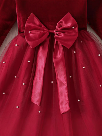 2025 Autumn Winter Girls' Christmas Party Dress with Bow, Elegant Princess Gown for Holiday Pageant & Formal Events