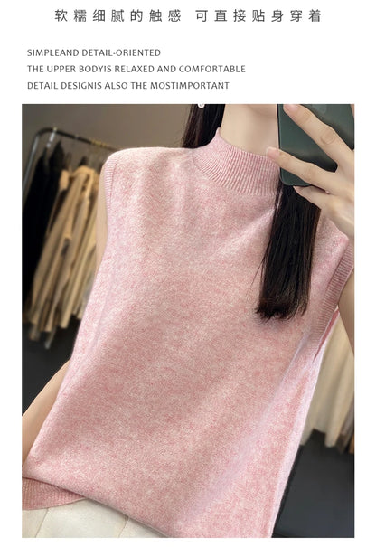 2024 Cashmere Vest Women's 100% Merino Wool Pullover Indoor Sleeveless Sweater Half-turtleneck Office Tops Waistcoat