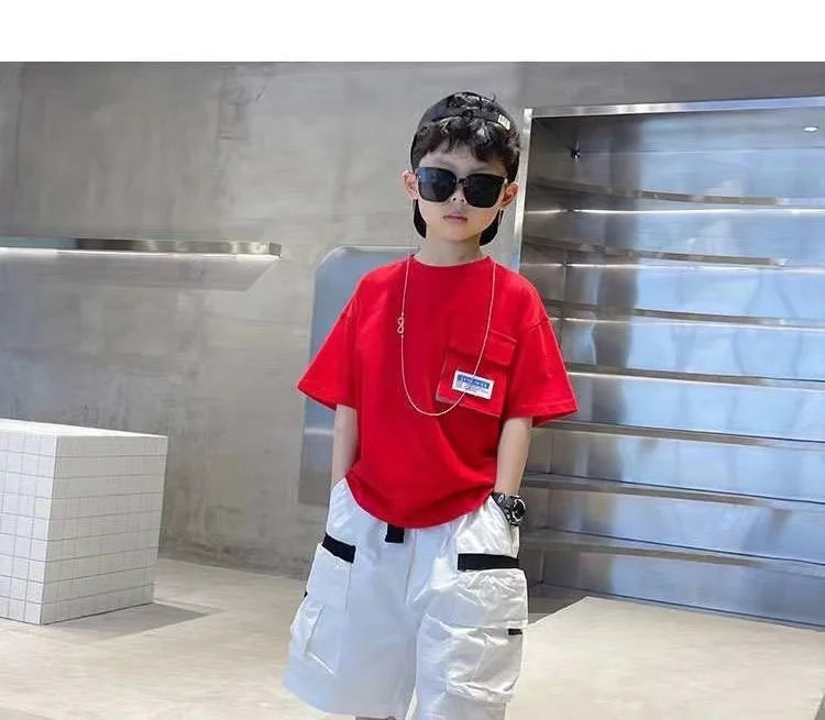 Boys Summer Set 2024 New Western Style Summer Children's Korean Loose Short Sleeved Workwear Two Piece Set Trendy