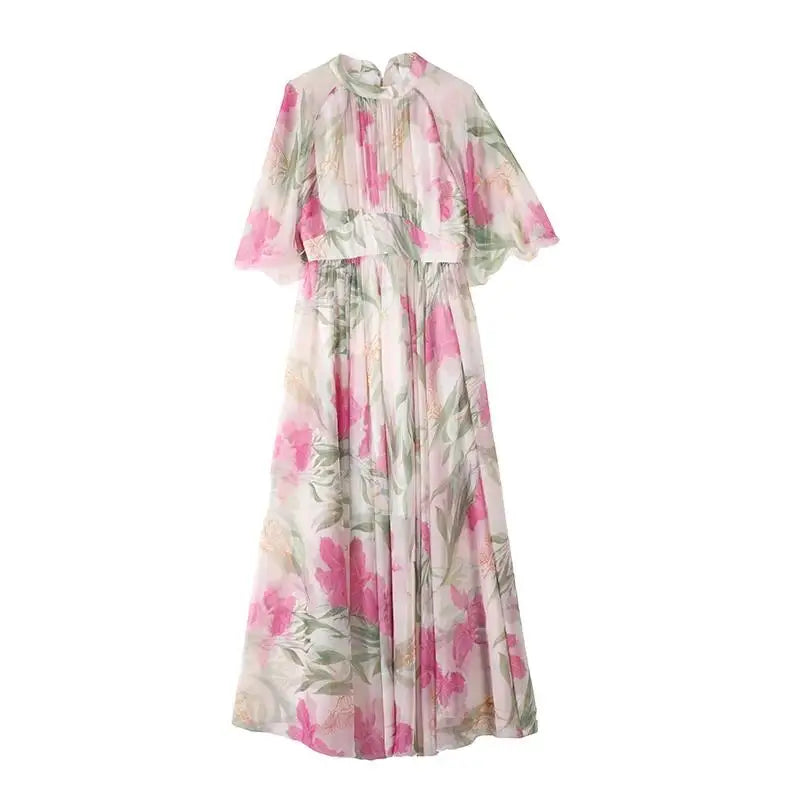 Summer Holiday Floral Dress Women Beach Flower Print Flare Sleeve Back Bow Lace Up High Waist Draped Chiffon Party Long Vestidos