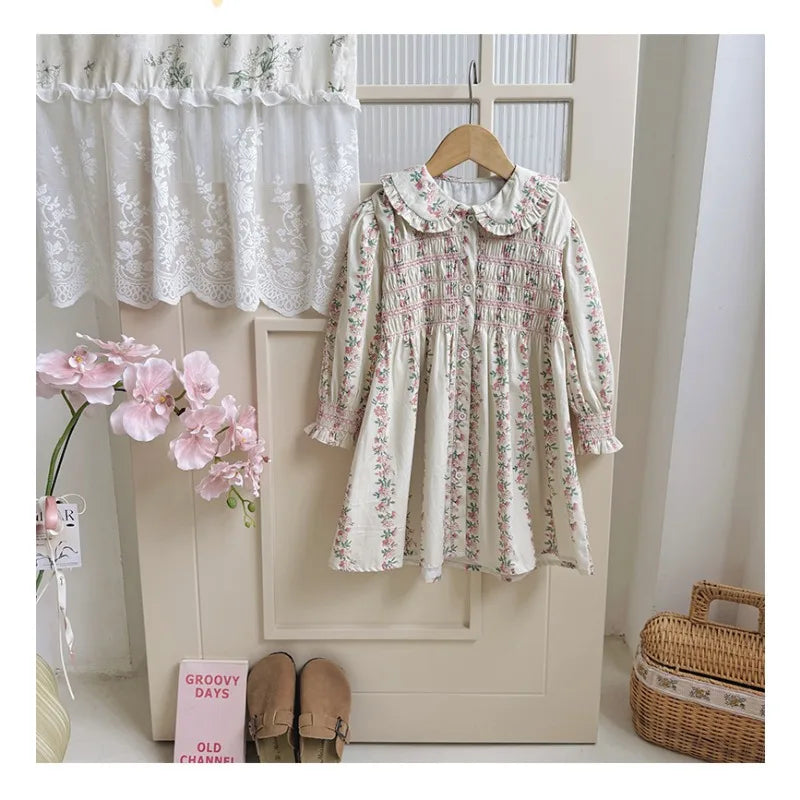 Girls Dress 2025 Autumn New French Floral Doll Collar Style Handmade Embracing Long Sleeve Childrens Princess Skirt