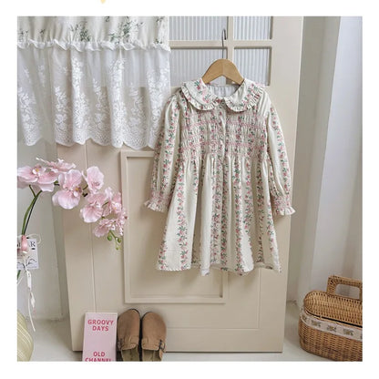 Girls Dress 2025 Autumn New French Floral Doll Collar Style Handmade Embracing Long Sleeve Childrens Princess Skirt