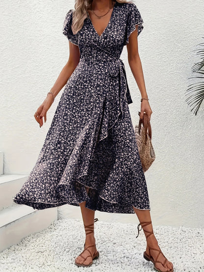 Women's Summer Flower Print Ruffle Dress Fashion 2025 Elegant Short Sleeve Wrap V Neck Tie Side Dresses