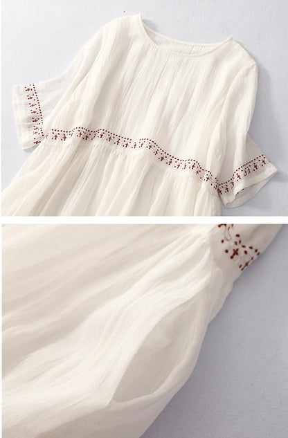 Summer New Dresses for Women LOOSE Embroidery Vintage Dress Streetwear Long Dresses Women Clothing Robe O-Neck White Dress