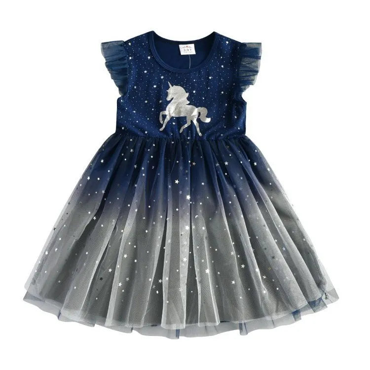 Girls Dress 2025 New Summer Princess Dresses Flying Sleeve Kids Clothes Unicorn Party Baby Dresses For Children Clothing 3-8Y