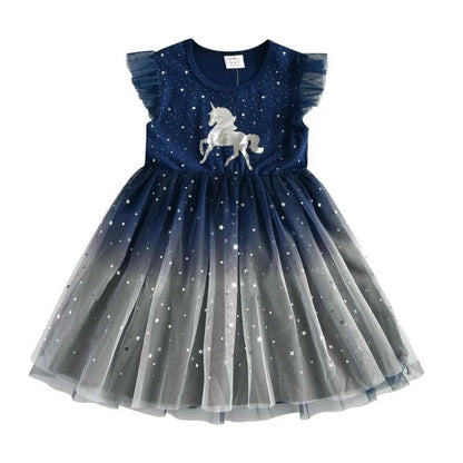 Girls Dress 2025 New Summer Princess Dresses Flying Sleeve Kids Clothes Unicorn Party Baby Dresses For Children Clothing 3-8Y