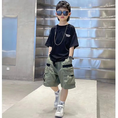 Boys Summer Set 2024 New Western Style Summer Children's Korean Loose Short Sleeved Workwear Two Piece Set Trendy