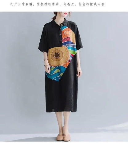 Women Summer Clothing 2025 New Style Literary Splicing Loose Printed Button Splicing Shirt Dress