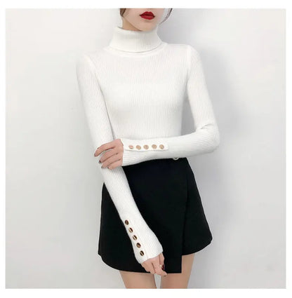 2025 Knitted Turtleneck Women Sweater Button Long Sleeve Pullovers Autumn Winter Basic Femme Sweaters Slim Solid Pull Tops