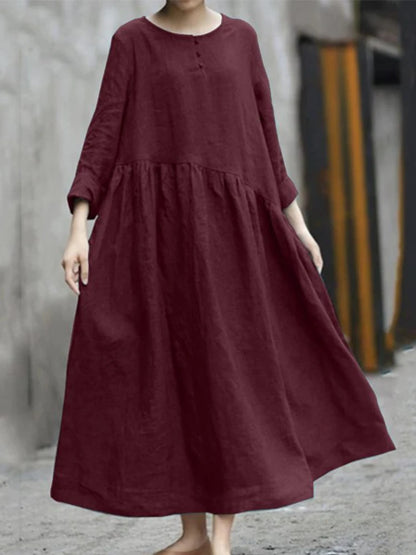 Summer Dress for Women 2023 Fashion Solid Cotton Crewneck Loose Casual Long Sleeve Women Dresses Robe Streetwear Women Clothing