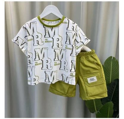 Boys Summer Short Sleeve Set 2024 New Fashionable Baby Clothes Boys Handsome Clothes Children's Letter Two Piece Set