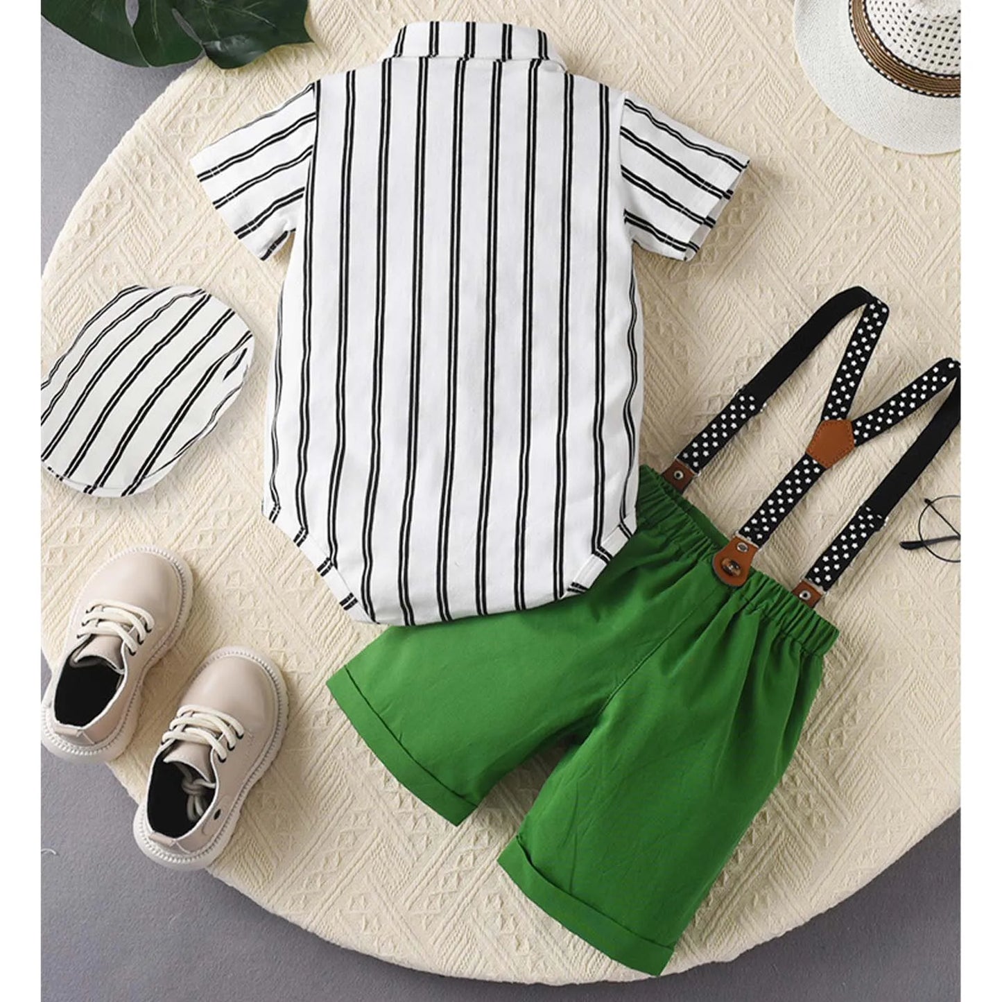 Baby Boys Summer Short Sleeve Lapel Bow Tie Romper with Suspender Shorts Beret Christening Birthday Wedding Party Gentlemen Suit