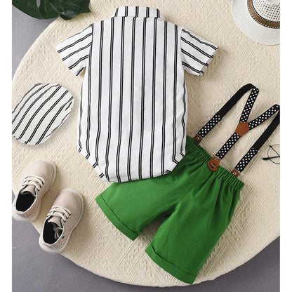 Baby Boys Summer Short Sleeve Lapel Bow Tie Romper with Suspender Shorts Beret Christening Birthday Wedding Party Gentlemen Suit