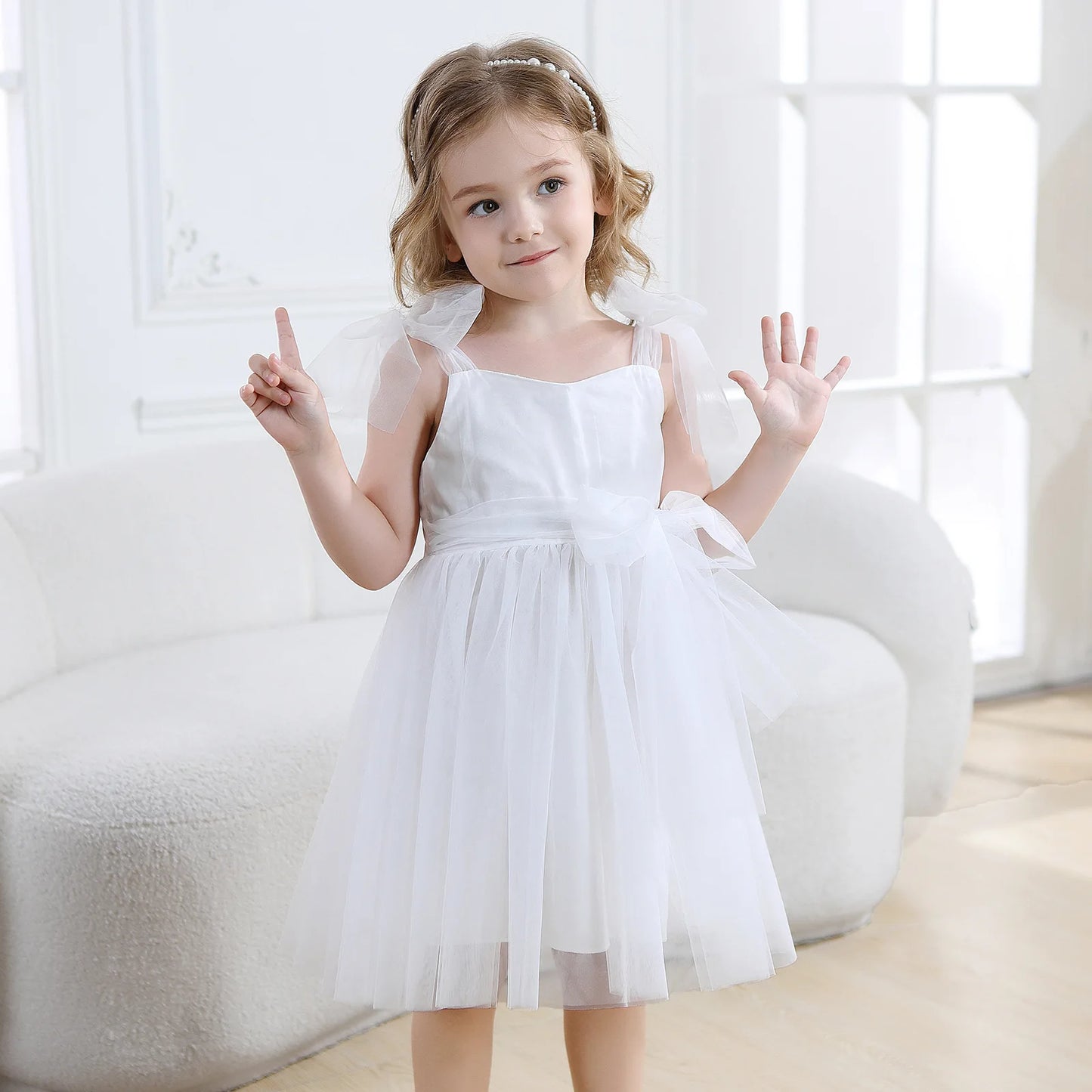 Flower Girl Dresses Pink Tulle Puffy With Bow Sleeveless Toddler Girls Baptism Wedding Birthday Party Dress Leisure Frocks