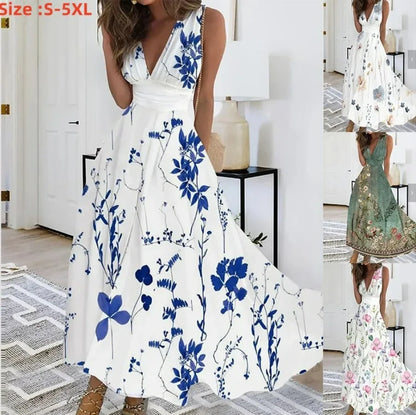 2025 Women's Summer Casual Dress Elegant Party Sleeveless Long Dress Robe Sexy Bohemian Print Dresses Vestidos Swing Sundress
