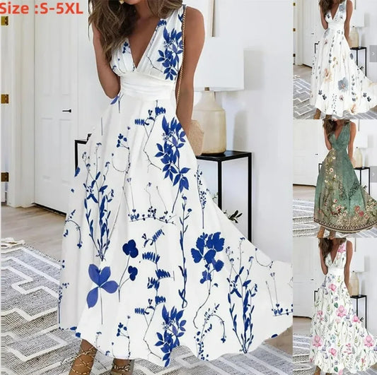 2025 Women's Summer Casual Dress Elegant Party Sleeveless Long Dress Robe Sexy Bohemian Print Dresses Vestidos Swing Sundress