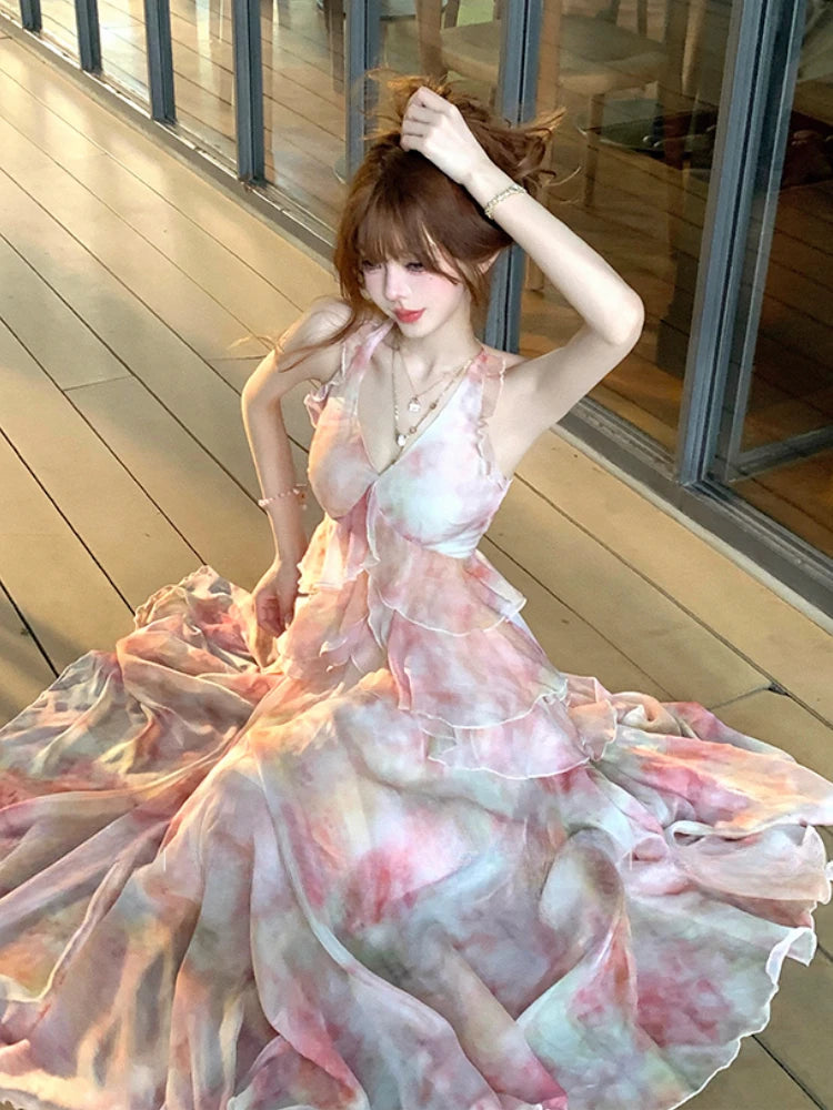 Summer Vacation Dress Woman French Elegant Irregular Floral Suspender Dress Beach Stylem Korean Fashion Midi Dress Chic