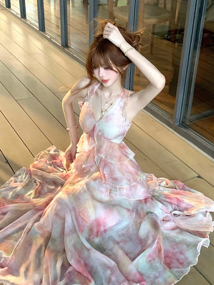 Summer Vacation Dress Woman French Elegant Irregular Floral Suspender Dress Beach Stylem Korean Fashion Midi Dress Chic