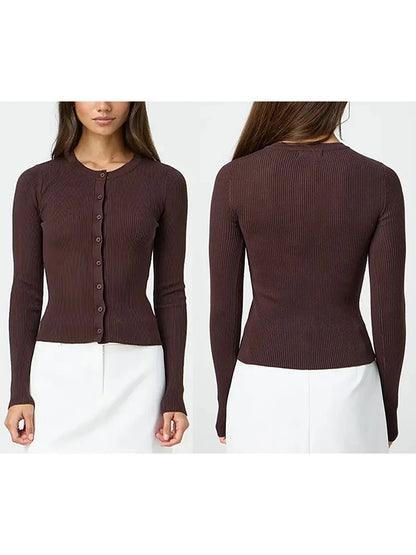 Women's Ribbed Cardigan Tops Spring Fall Solid Color Long Sleeve Round Neck Button Up Cropped Sweaters Female Casual Pullovers