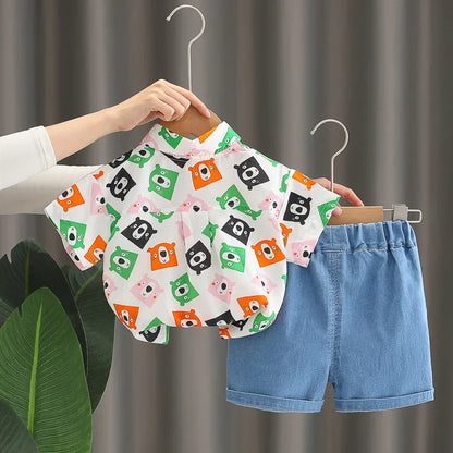 Boys' summer clothing 2025 new style summer new style baby shirt short sleeved two-piece set children's summer clothes