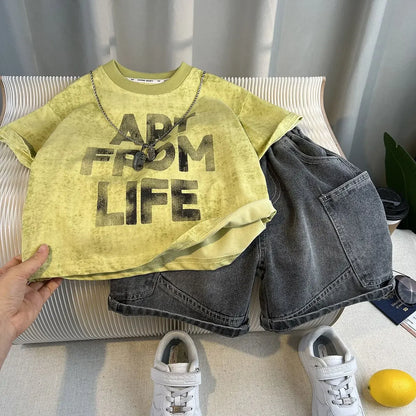 Boys Summer 2025 Boutique Design Outfits Baby Boys Short Sleeve Striped T-Shirt Jeans Shorts 2pcs Korean Clothes for Children