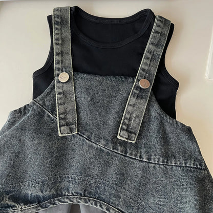 Girls Summer Dress 2025 New Summer Strap Dress Children Princess Denim Fashion Yarn Patchwork Dress