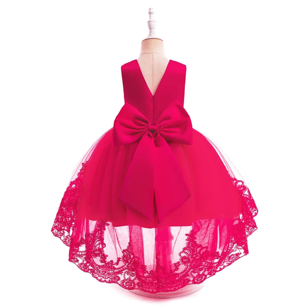 Trailing Party Dresses For Girl Pink Flower Bow Wedding Bridesmaid Girls Dress Elegant Tulle Birthday Princess Evening Prom Gown