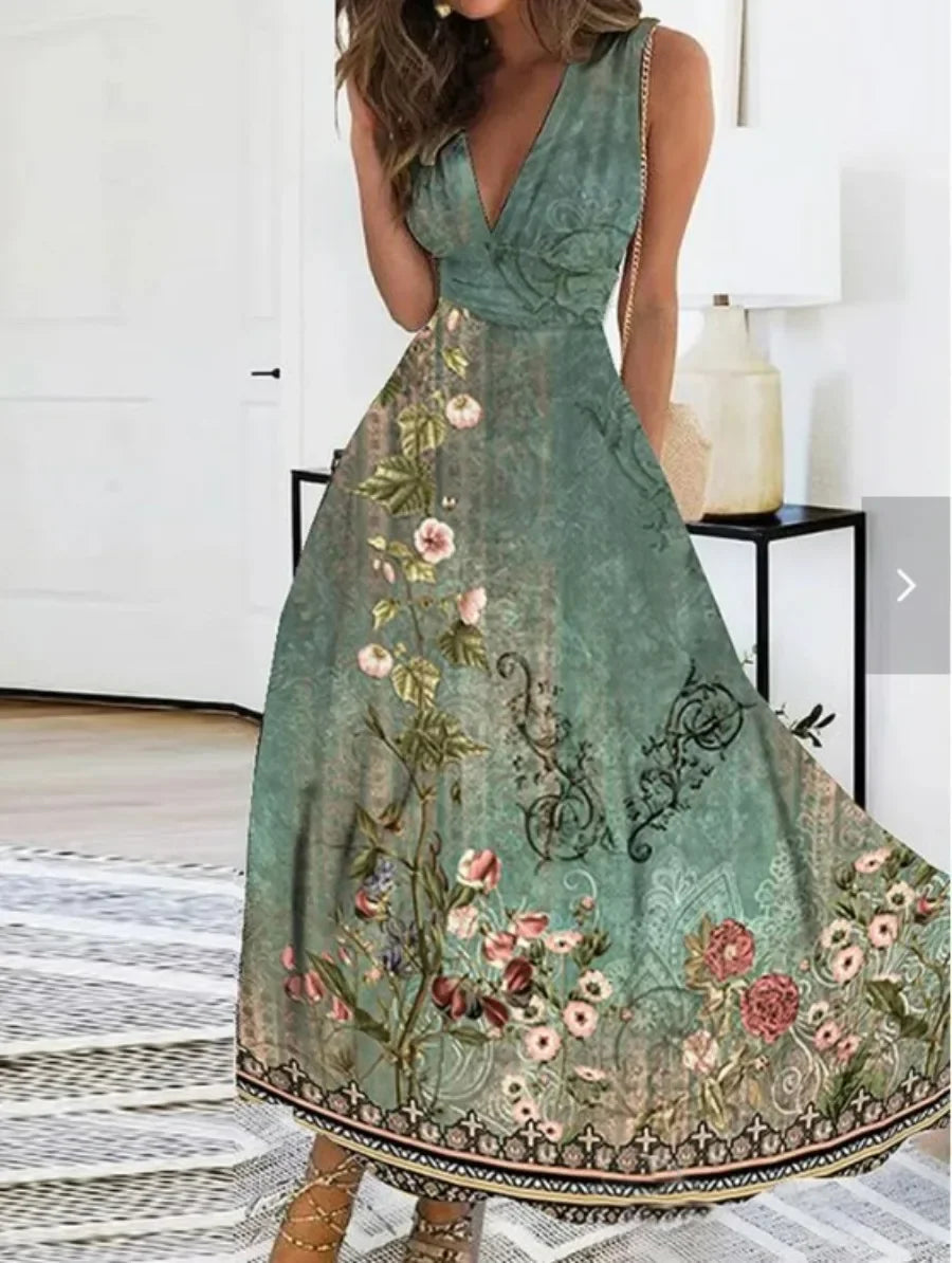 2025 Women's Summer Casual Dress Elegant Party Sleeveless Long Dress Robe Sexy Bohemian Print Dresses Vestidos Swing Sundress