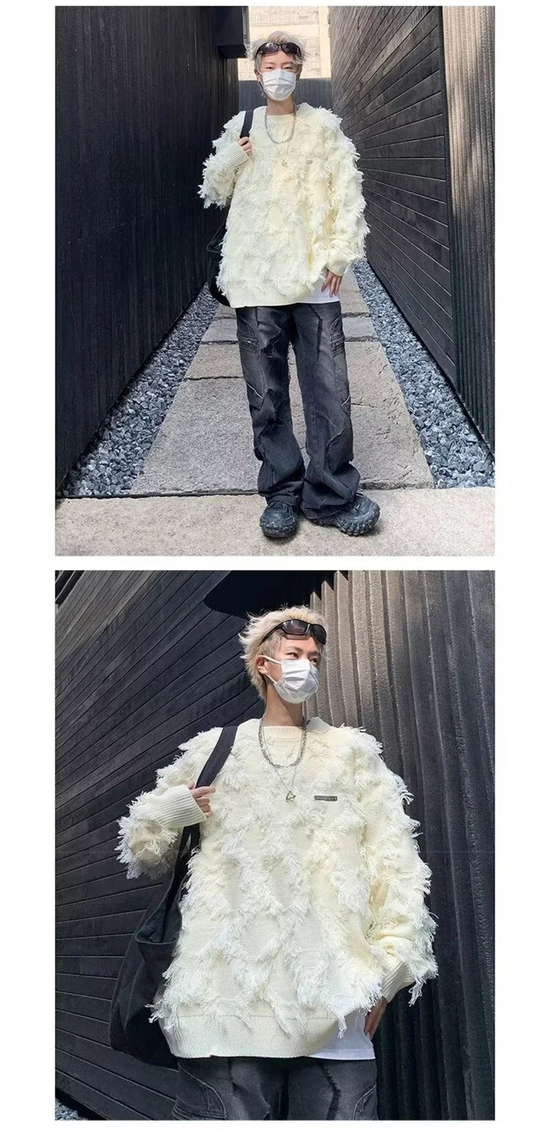 Winter Men's Ripped Fringe Raw Edge Sweater Hip Hop Fashion Knitwear Pullovers Y2K Vintage Streetwear Knitted Jersey Clothes