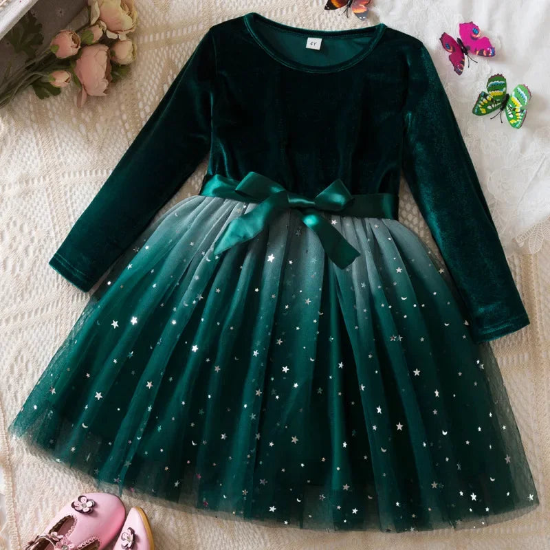 Girl Party Princess Dress Autumn Winter 3-8Y Children Christmas New Year Velvet Top Gradient Stars Mesh Bow Dres