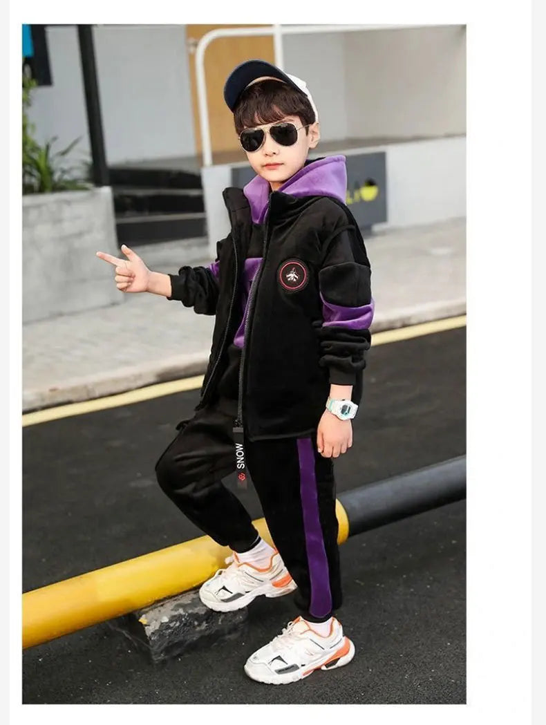 2025 winter Boys tracksuit Autumn Toddler Teenager Clothes vest velvet jacket + Sweatishrt hooded + Pant Children Kids 4 12 year