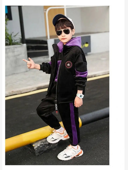 2025 winter Boys tracksuit Autumn Toddler Teenager Clothes vest velvet jacket + Sweatishrt hooded + Pant Children Kids 4 12 year