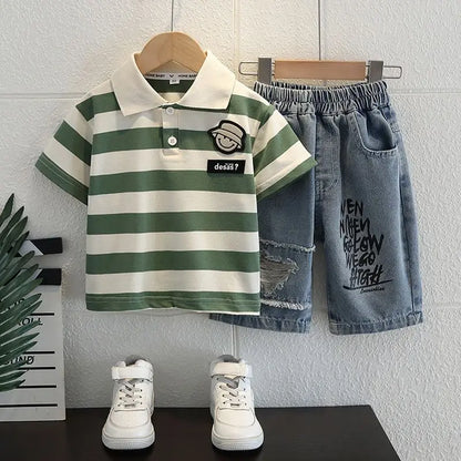 Boys 2025 Summer Outfit T-Shirt and Jeans Korean Polo Fashion 2PCS Casual Clothing Korean Reviews Top Toddler Kids Clothes Sets