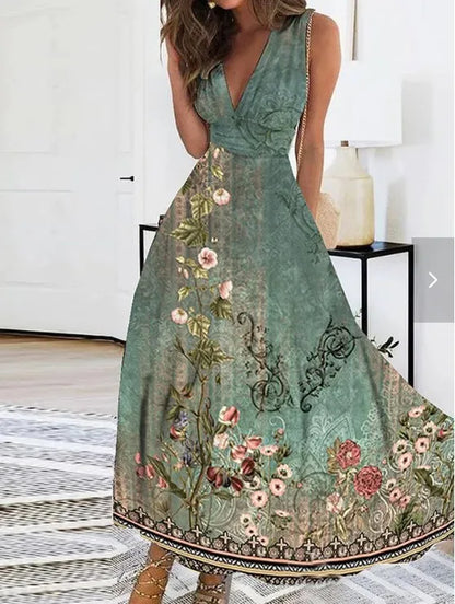 2025 Women's Summer Casual Dress Elegant Party Sleeveless Long Dress Robe Sexy Bohemian Print Dresses Vestidos Swing Sundress