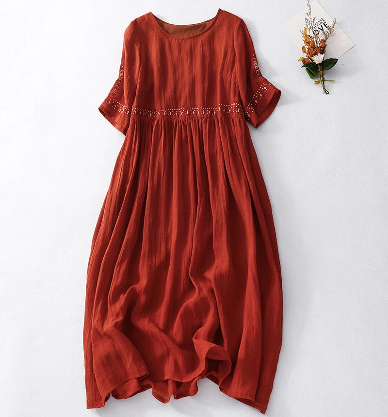 Summer New Dresses for Women LOOSE Embroidery Vintage Dress Streetwear Long Dresses Women Clothing Robe O-Neck White Dress