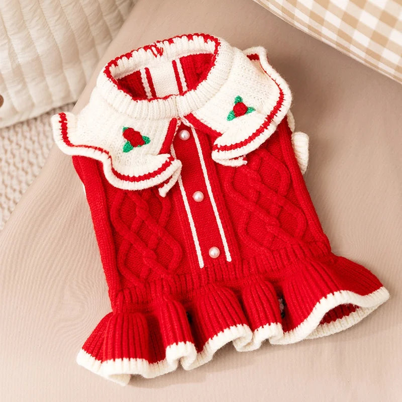 Winter Warm Pet Dog Clothes Luxury Dog Knitten Dress Cute Soft Puppy Princess Skirt Flower Print Cat Dresses Pet Sweater Clothes